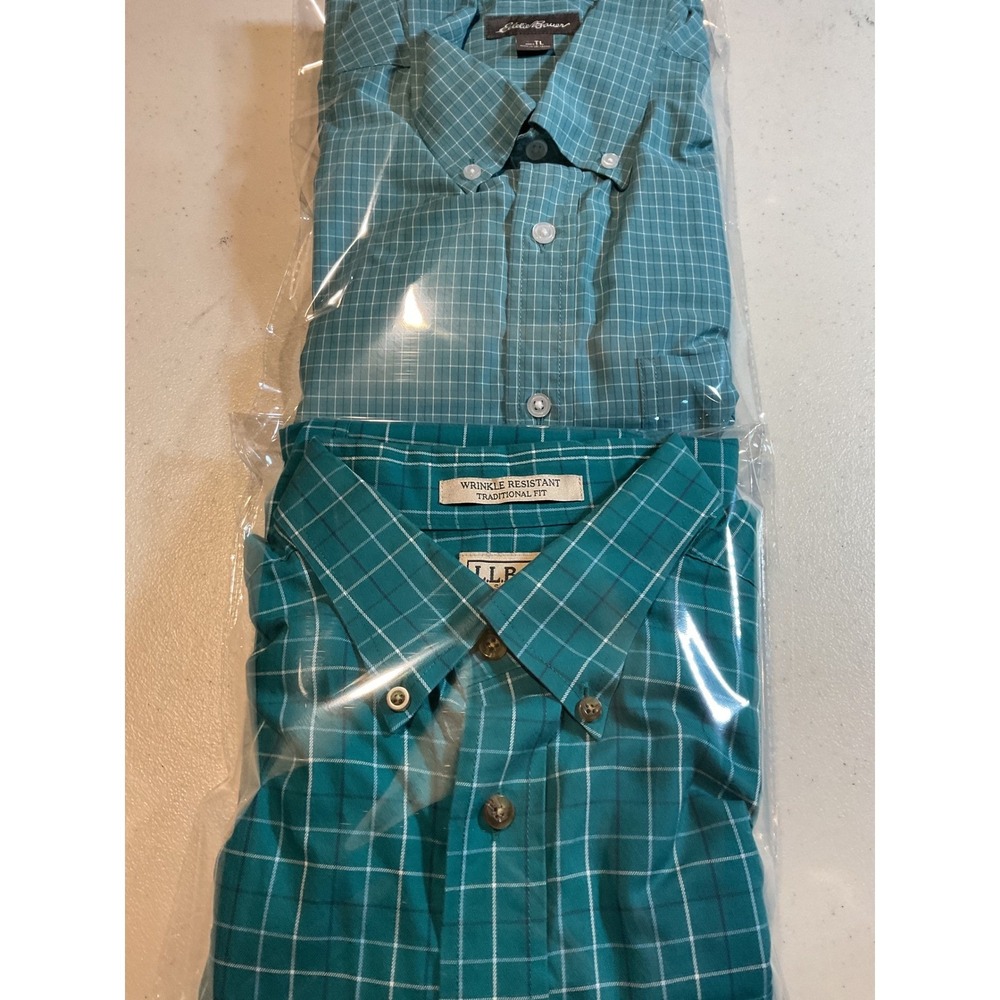 2 Items LL Bean & Eddie Bauer Large Tall Teal Wrinkle Resistant Cotton Button